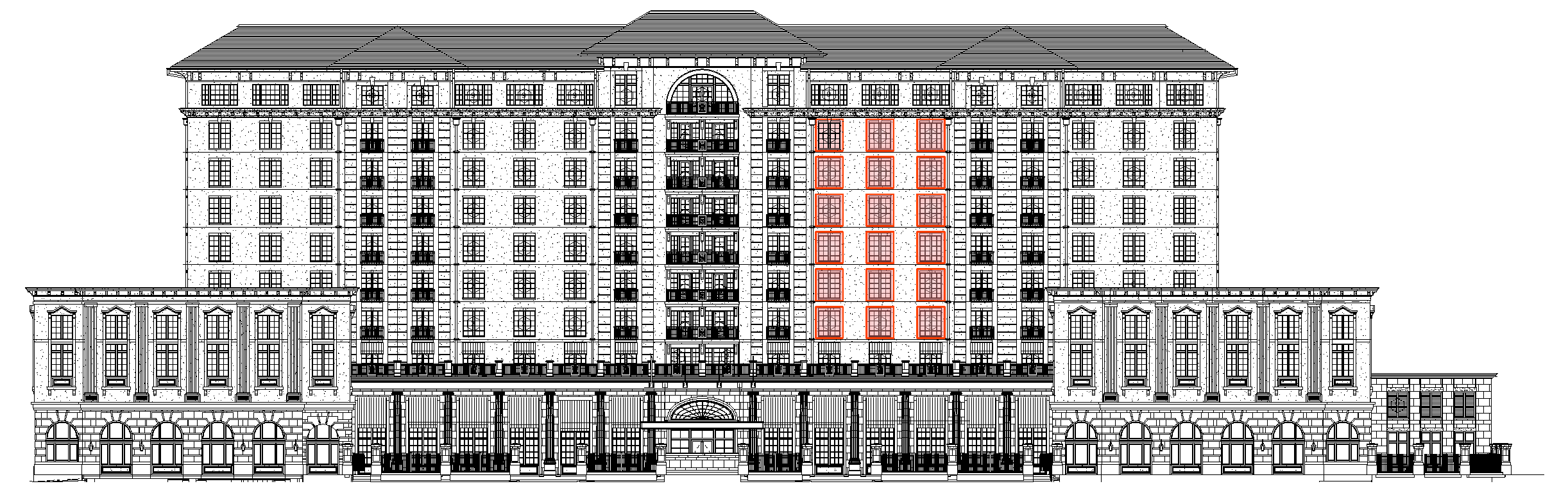 Architectural reference of the Meeting Street elevation with the Mark 3 openings highlighted