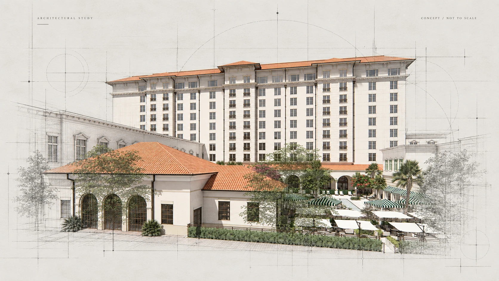 411 Meeting Street — courtyard overview, blueprint study