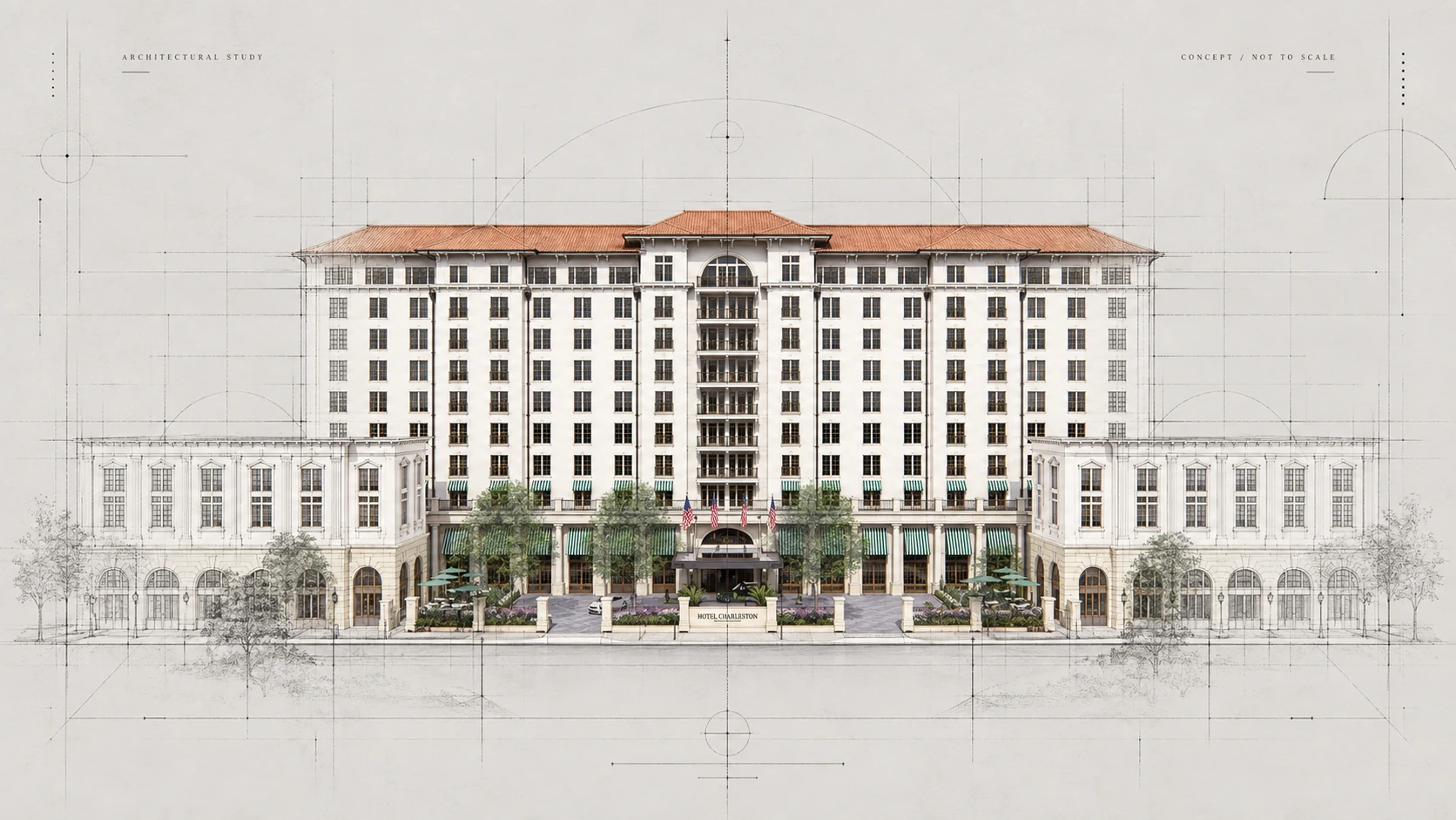 411 Meeting Street — front elevation, blueprint study