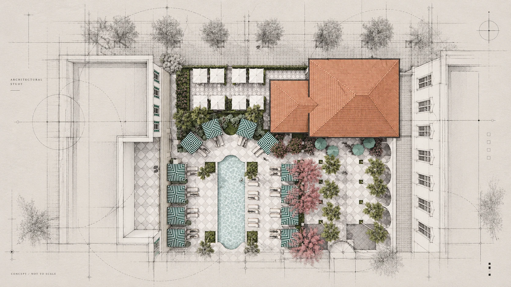 411 Meeting Street — pool courtyard, blueprint study