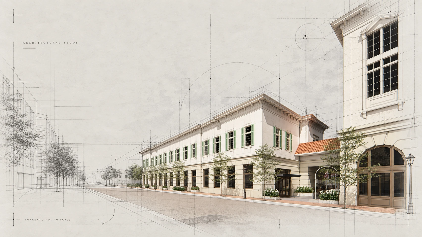 411 Meeting Street — street perspective, blueprint study