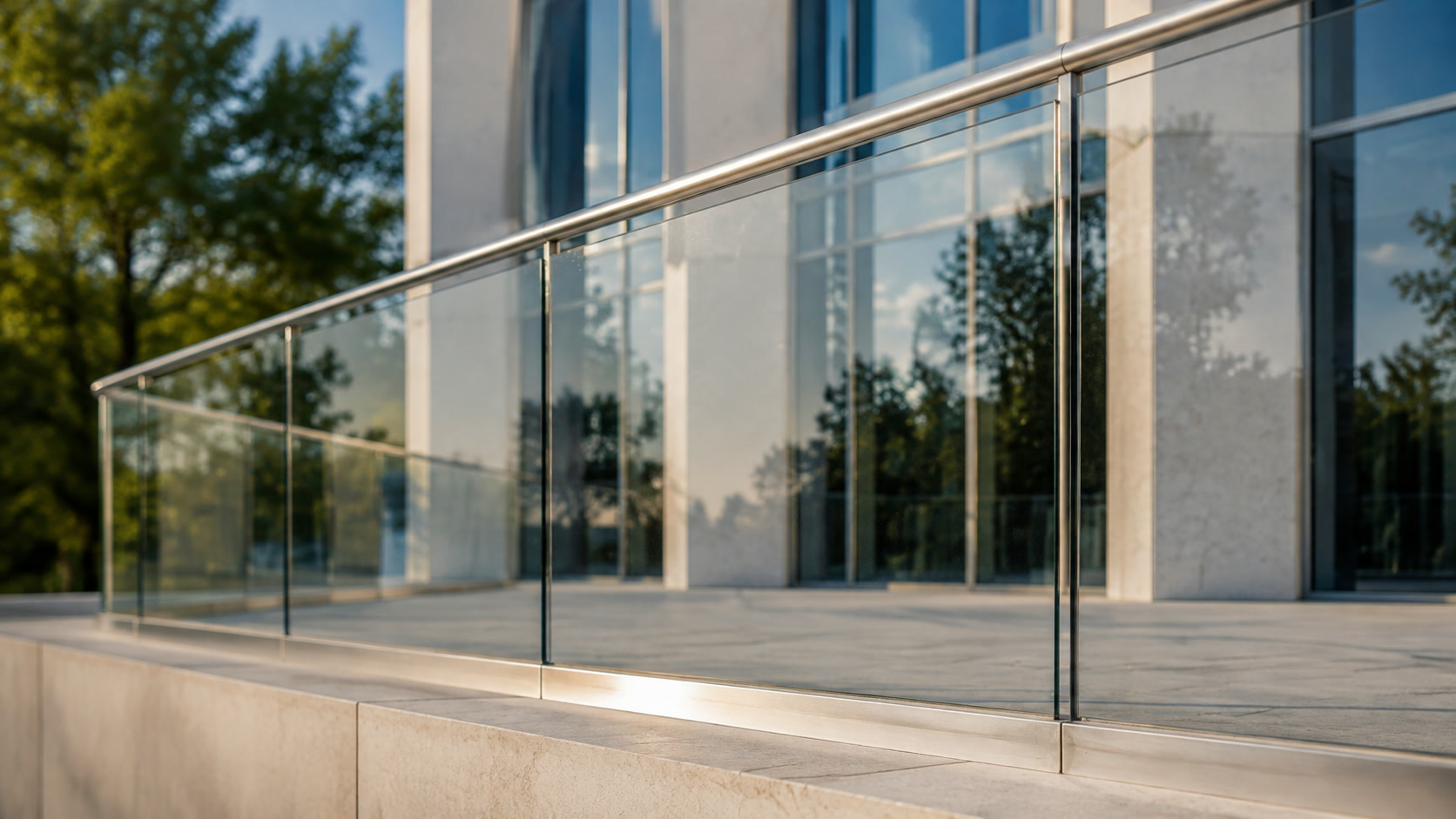 Illustrative terrace glass guardrail and tube handrail