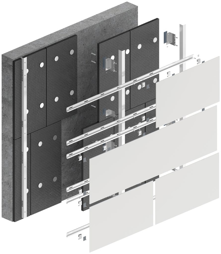 Manufacturer exploded DKT1 system showing panel, anchors, rails, profiles, insulation and wall