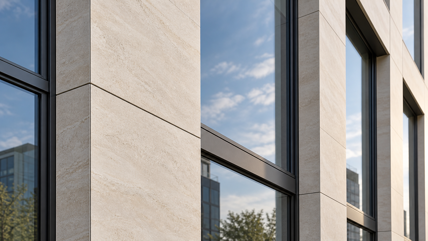 Illustrative close-up of finished limestone-tone panels and glazing