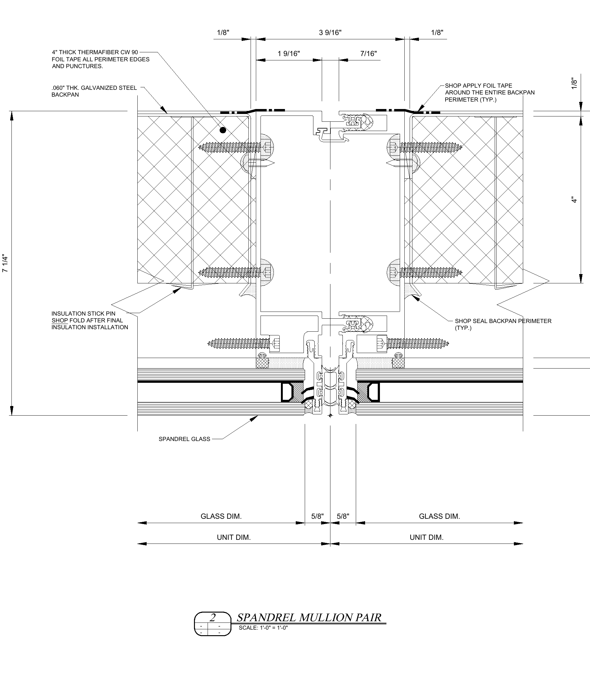 Spandrel mullion pair with insulated galvanized steel backpan