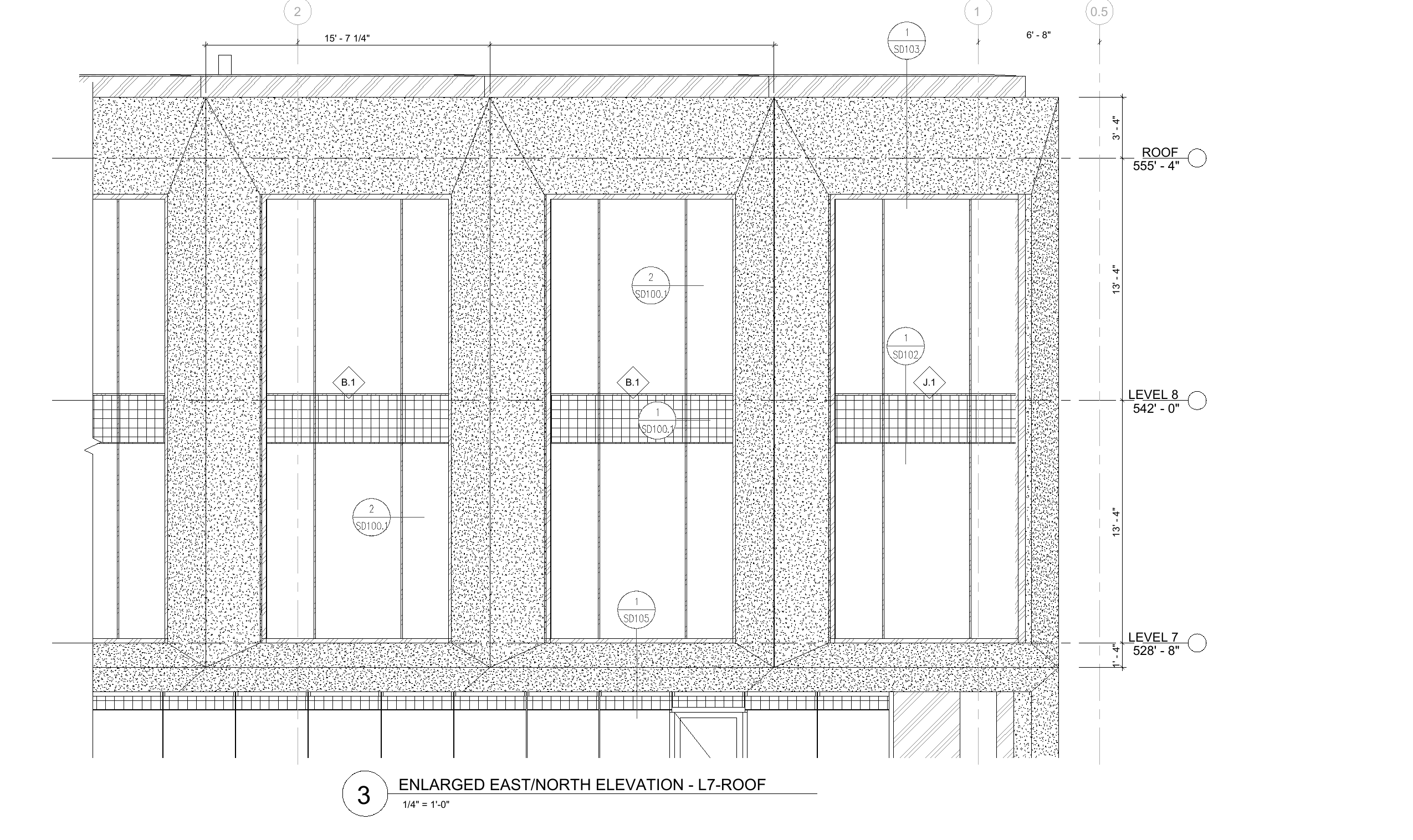 Enlarged east/north elevation, Level 7 to roof