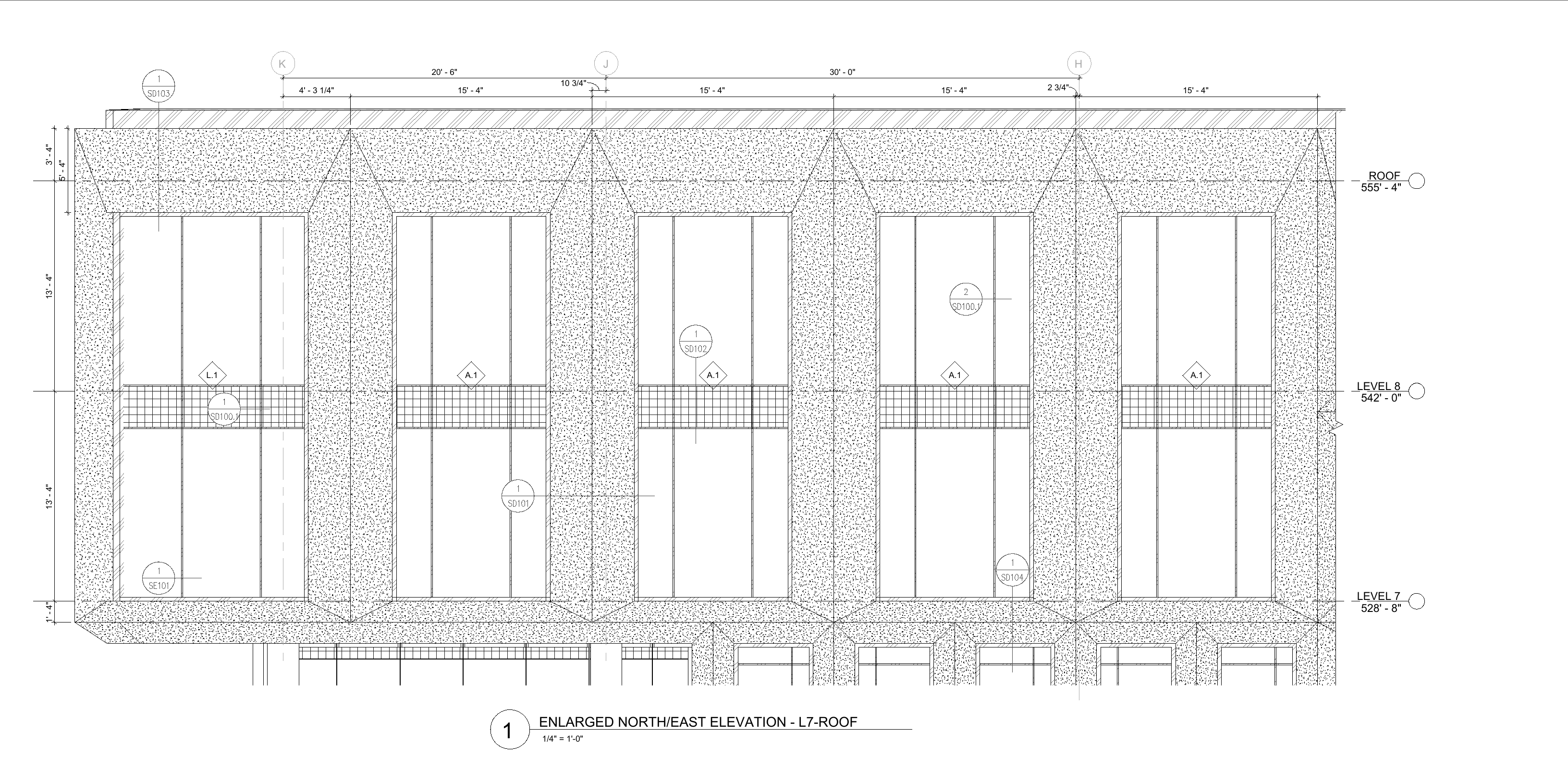 Enlarged north/east elevation, Level 7 to roof