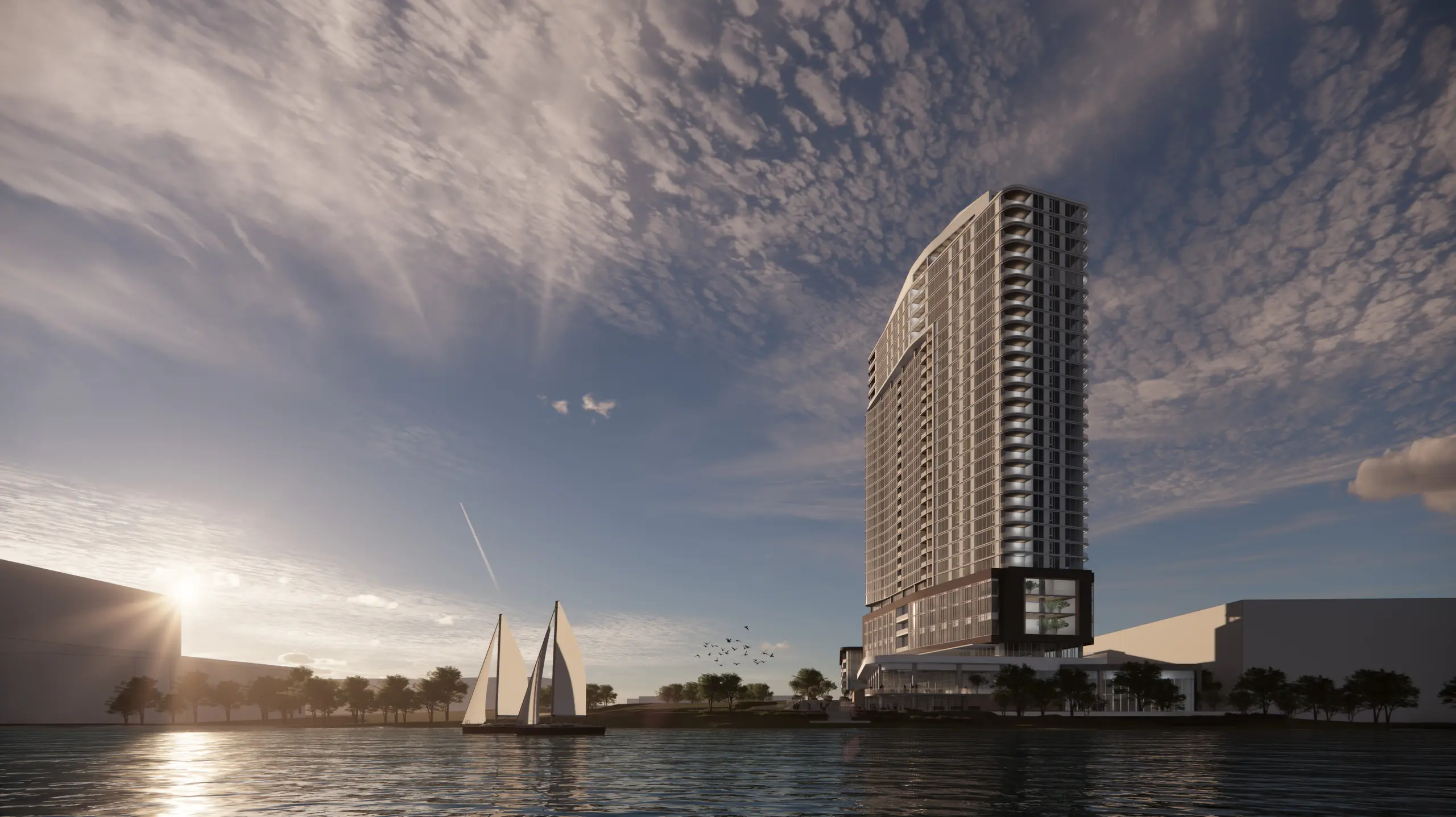 Fleet Landing Riverside tower at sunset across the St. Johns River